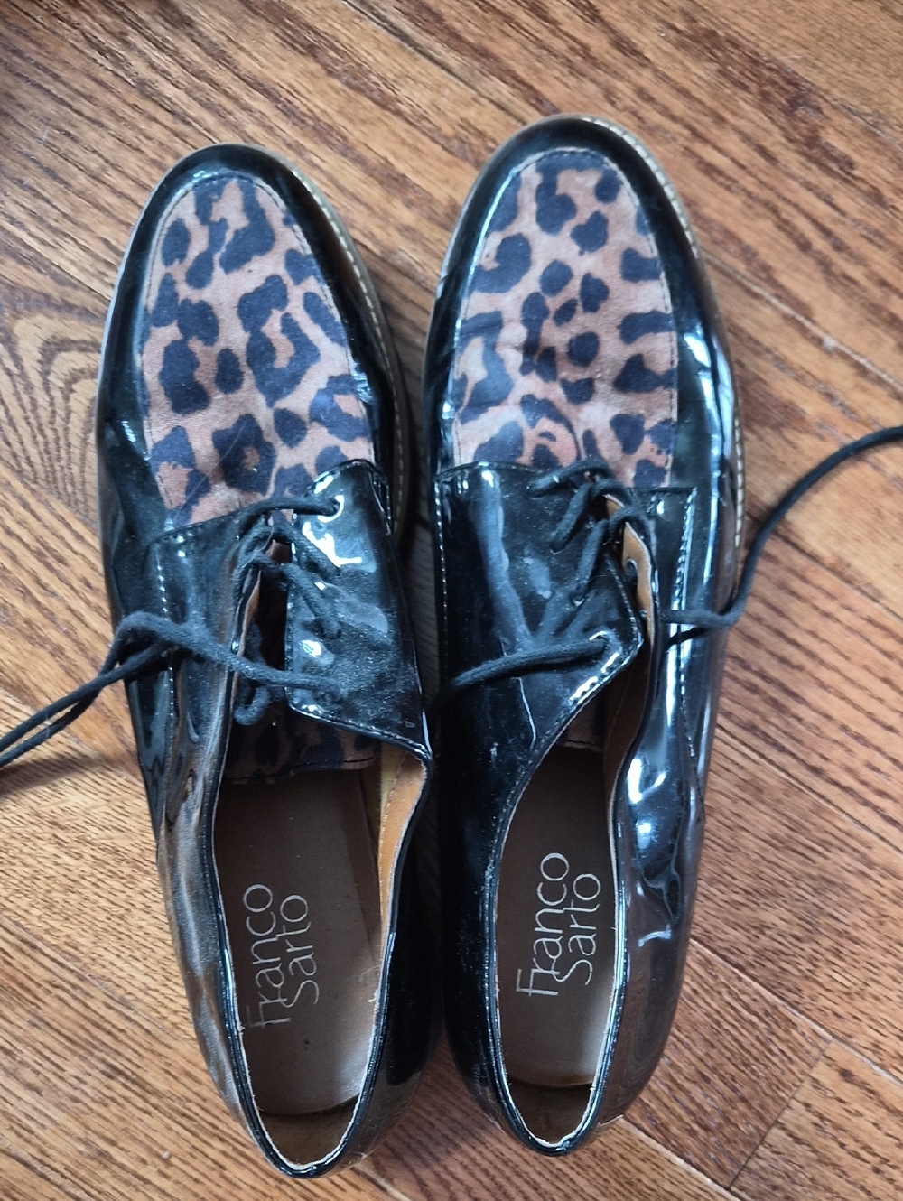 Franco Sarto Black Patent Lace-Up Oxfords with Leopard Print